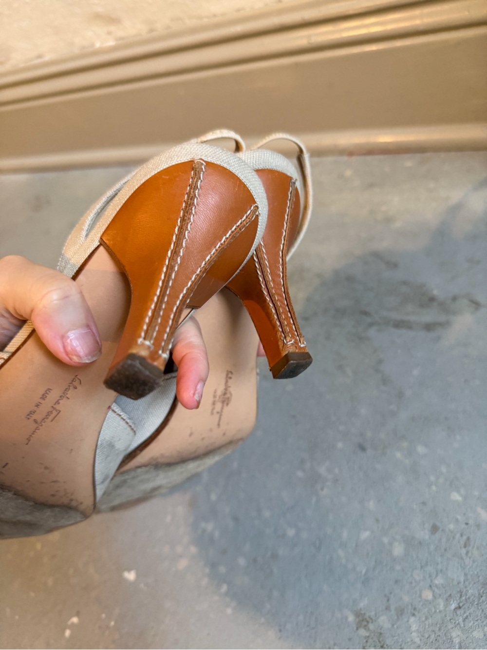 Salvatore Ferragamo Beige Canvas Slingback Pumps with Tan Trim - Picture 5 of 7
